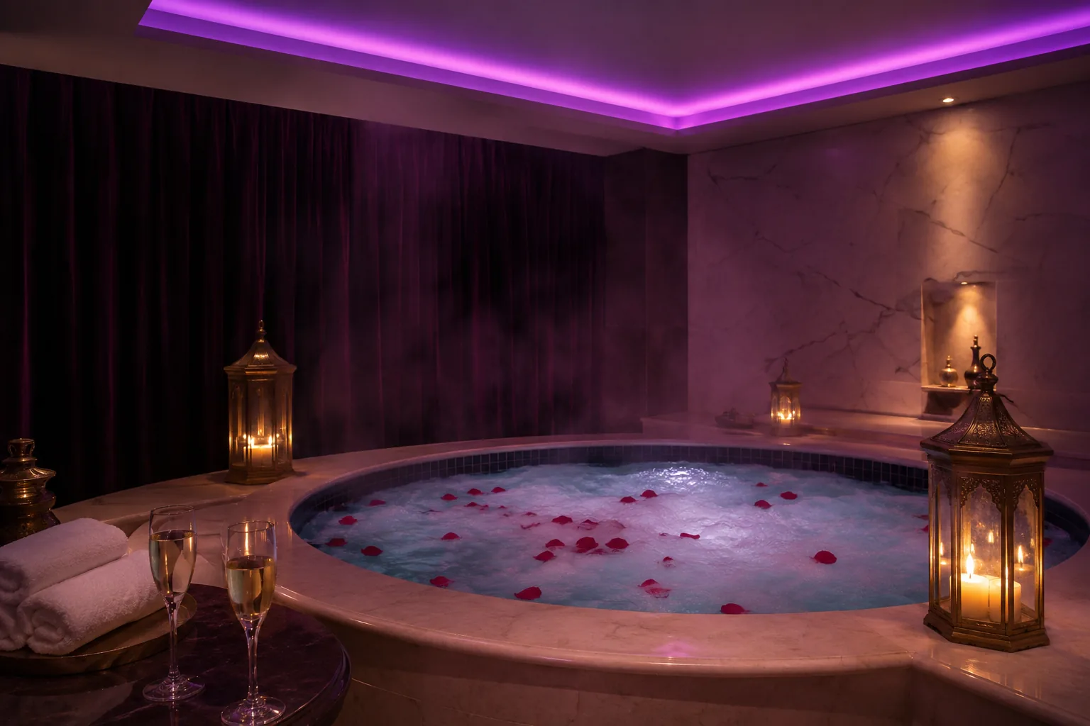 Jakuzili vip odanın mor ışıklı hâli — Lila Spa, Silivri misafirlerine hizmet veren salon